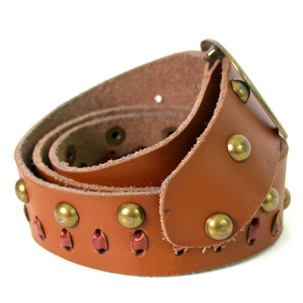 PERFORATED BROWN GENUINE LEATHER 1.5"W STUDDED CASUAL WOMEN'S BELT L 36" (G16 - Picture 4 of 9